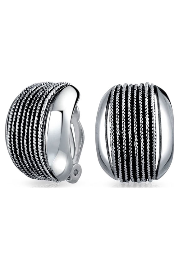 Womens Twisted Cable Chain Rope Wide Half Hoop Clip On Earrings Non Pierced Ears Oxidized Rhodium Plated