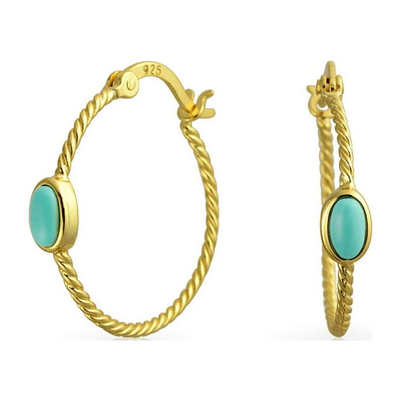 Bling Jewelry Womens Twisted Cable Hoop Huggie Earrings Turquoise 14K Gold Plated Sterling Silver