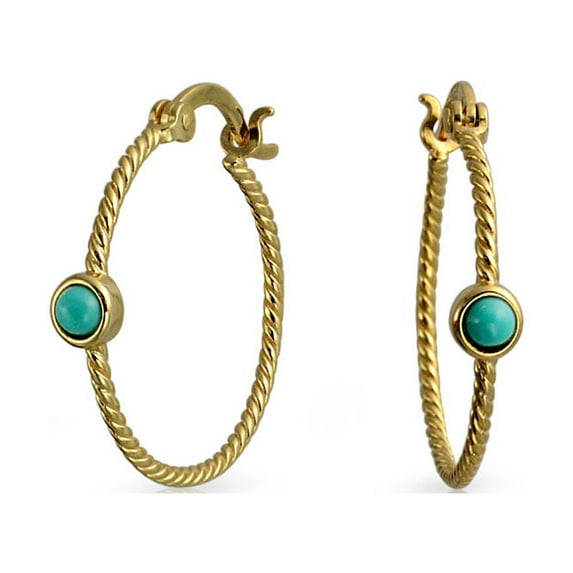 Bling Jewelry Womens Twisted Cable Hoop Huggie Earrings Turquoise 14K Gold Plated Sterling Silver