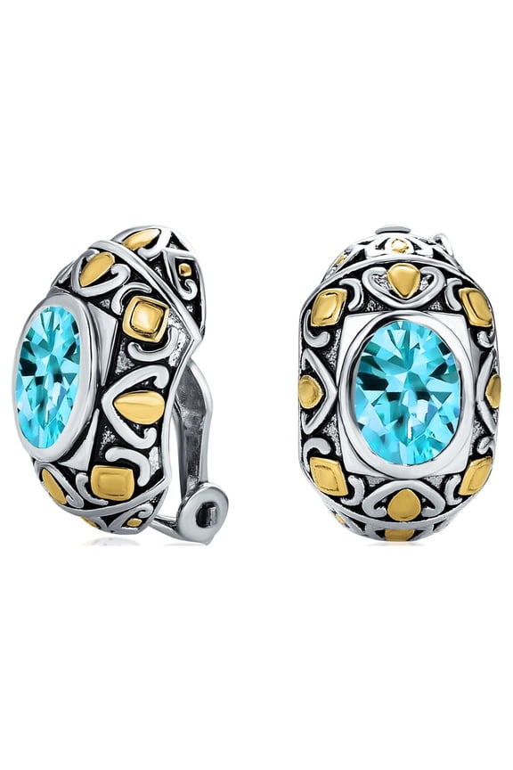 Womens Two-Tone Bali Style Aqua Blue Oval Clip-On Earrings with Simulated Aquamarine CZ