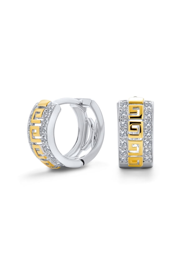 Womens Two Tone Greek Key Cutout Huggies Hoop Earrings CZ Gold Plated Sterling Silver