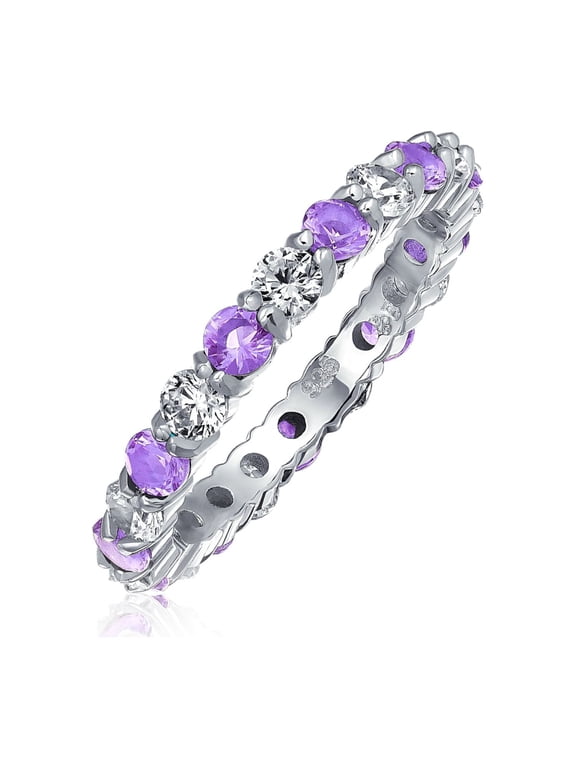 Womens Alternating Birthstone Purple CZ Eternity Band Ring .925 Sterling Silver
