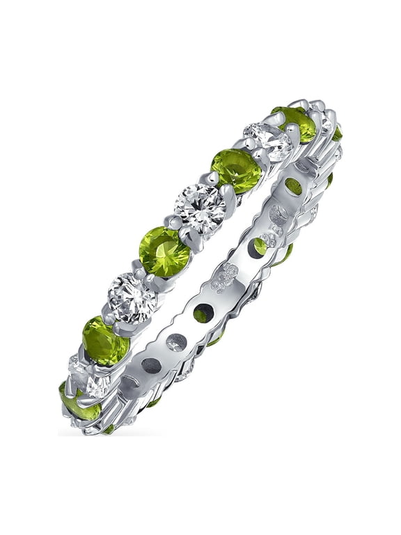 Womens Alternating Birthstone Olive Green CZ Eternity Band Ring Sterling Silver