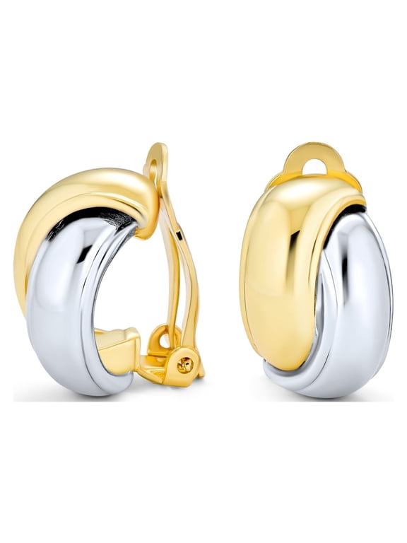 Womens Classic Two Tone Interlocking Circle Clip-On Earrings Silver & Gold Plated