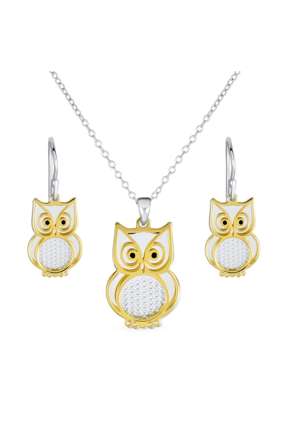 Womens Two Tone Owl Pendant Necklace & Earrings Jewelry Set 14k Gold Plated Silver