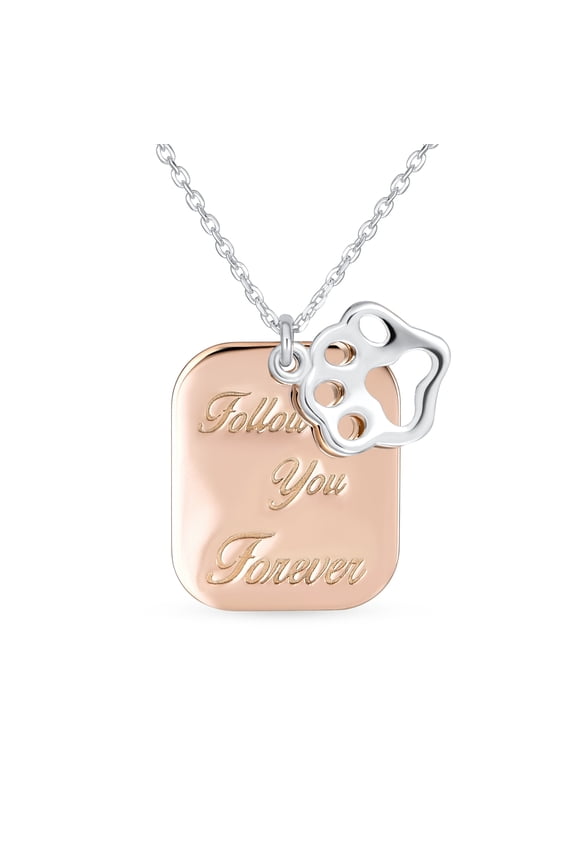 Womens Two Tone Paw Prints Dog Tag Pendant Necklace Rose Gold & Sterling Silver