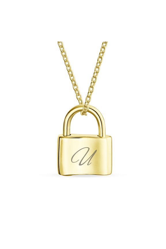 Womens U Script Initial Monogram Lock Pendant Necklace Gold 16 Inch