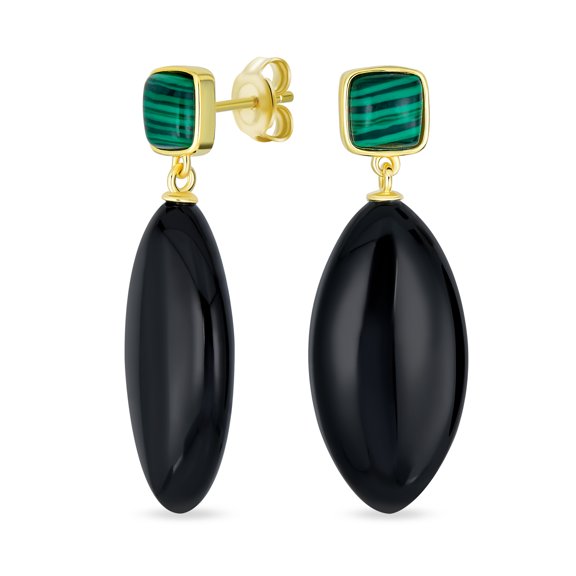 Bling Jewelry Womens Unique  Dangle Gemstone Earrings with Malachite & Onyx in Gold Plated