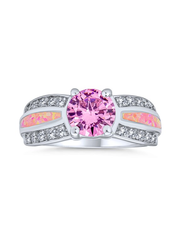 Womens Rose CZ Solitaire Engagement Ring Pink Opal Band .925 Sterling Silver