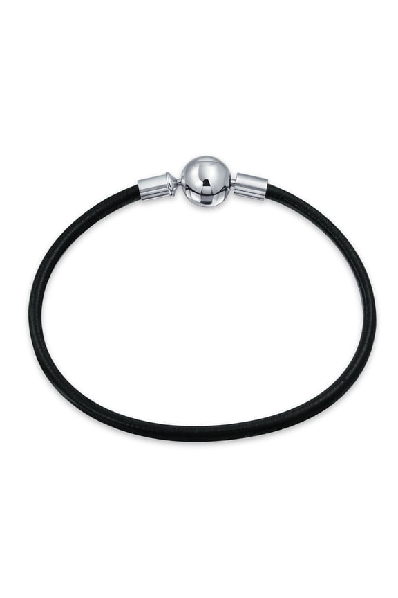 Womens Genuine Black Leather Bracelet .925 Sterling Silver Charms Charm Bracelet 7 Inch