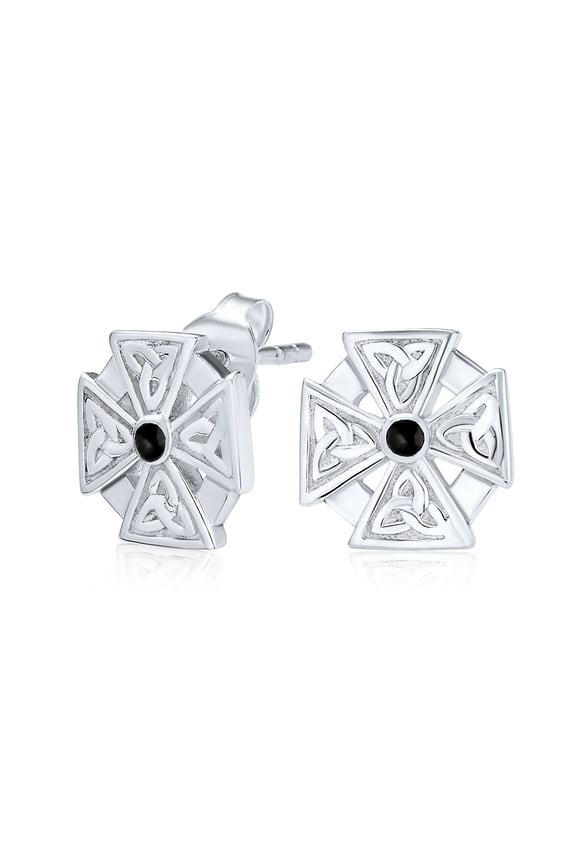 Womens Unisex Black Stone Masonic Knight Templar Cross Stud Earrings in Sterling Silver