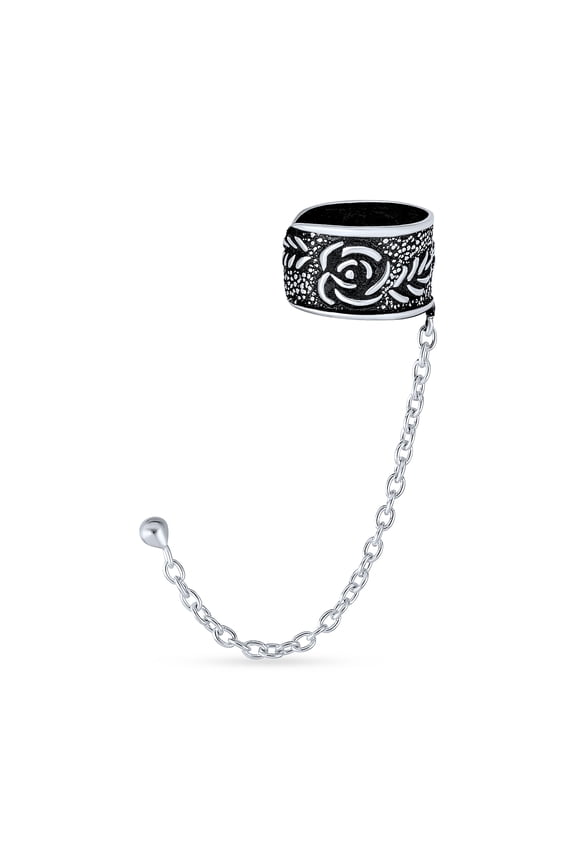 Womens Floral Flower Leaf Rose Wrap Cartilage Ear Cuff Chain Pierced Ear Stud Earring Oxidized Sterling Silver
