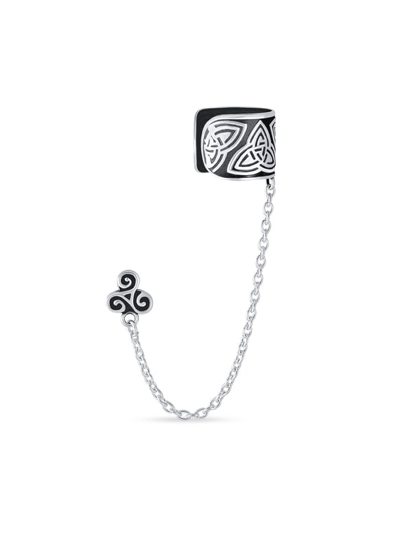 Womens Celtic Triskele 1 Cartilage Ear Cuff & Chain Stud Earrings Sterling Silver