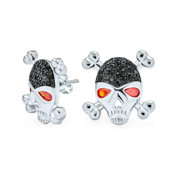 Bling Jewelry Womens Unisex Dia De Los Muertos CZ Stud Earrings Skull Crossbones Red Eye Silver Brass