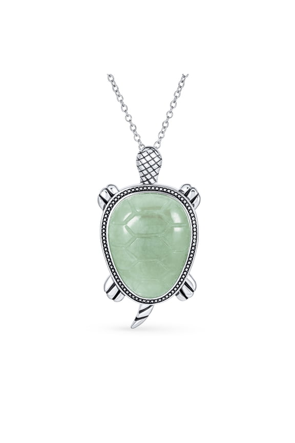 Womens Unisex Nautical Gemstone Jade Sea Turtle Pendant Necklace in Sterling Silver