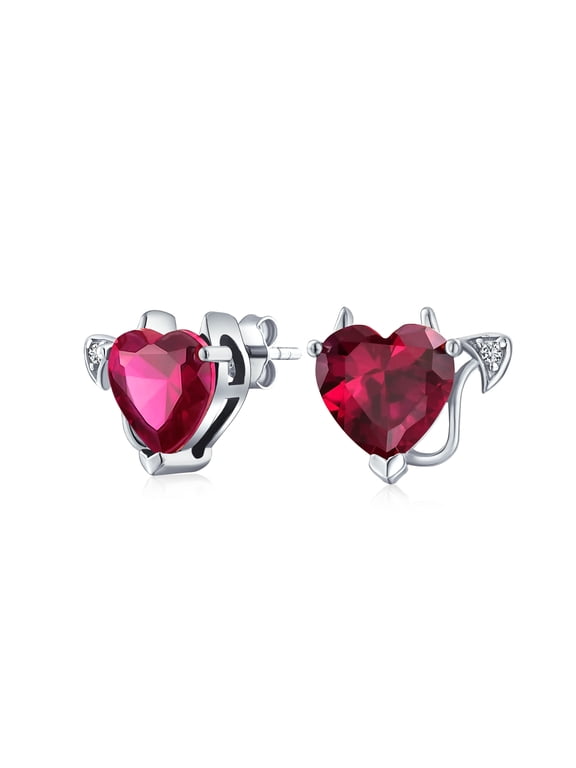 Womens Whimsical CZ Devil Heart Shape Stud Earrings .925 Sterling Silver
