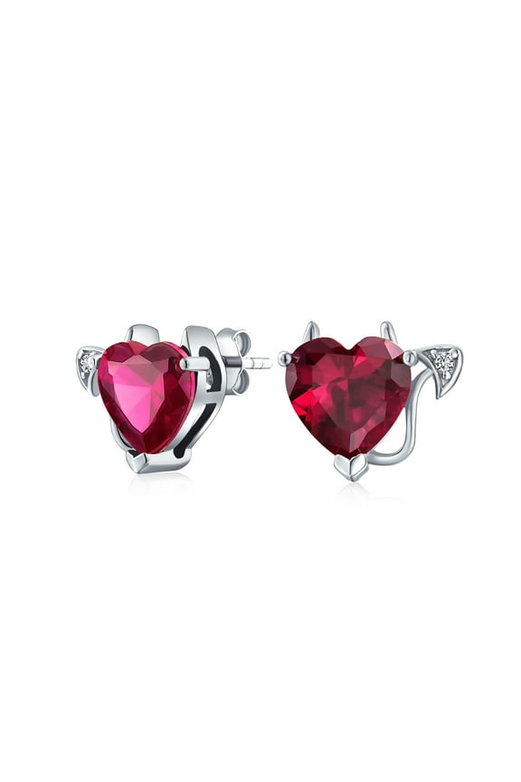 Womens Whimsical Valentine Red CZ Cubic Zirconia Devil Heart Shape Stud Earrings .925 Sterling Silver