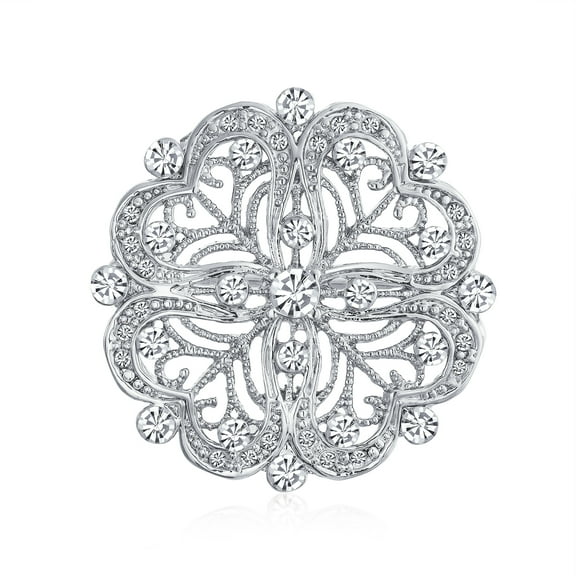 Bling Jewelry Womens Art Deco Style Romantic Filigree CZ Floral Round  Brooch Pin Silver Plated