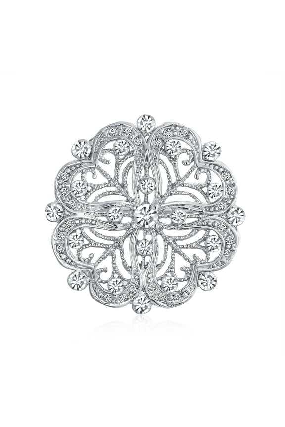 Womens Art Deco Style Romantic Filigree CZ Floral Round Brooch Pin Silver Plated