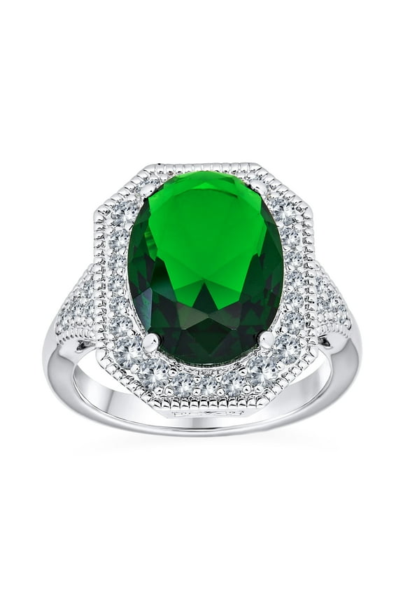 Womens Vintage 15CTW Oval Solitaire CZ Green Statement Ring