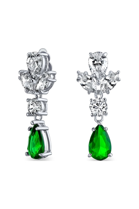 Womens Vintage Art Deco Blue Aquamarine CZ Chandelier Clip-On Earrings Silver Plated