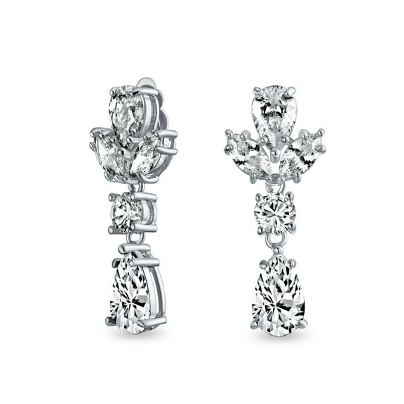 Bling Jewelry Womens Vintage Art Deco Blue Aquamarine CZ Chandelier Clip-On Earrings Silver Plated