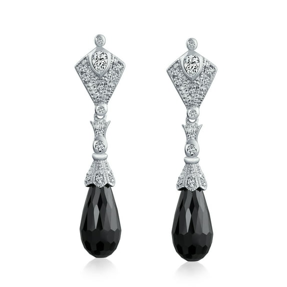Bling Jewelry Womens Briolette Faceted Teardrop Black CZ Chandelier Earrings .925 Sterling Silver