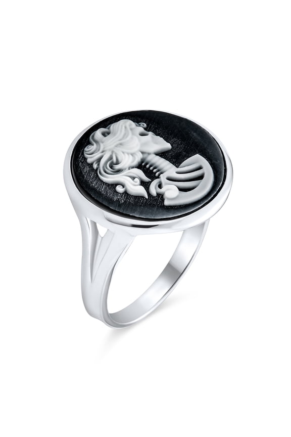 Womens Vintage Black White Cameo Silver Ring Rock Biker Jewelry Sterling
