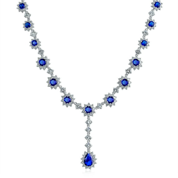 Bling Jewelry Womens Vintage Oval Crown Halo CZ Royal Blue Y Collar Necklace