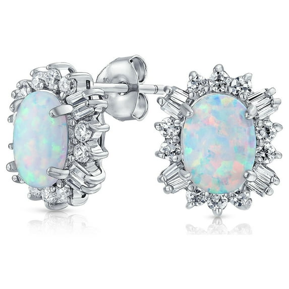 Bling Jewelry Womens Vintage Estate Style Oval Opal Halo CZ Stud Earrings Sterling Silver 12MM