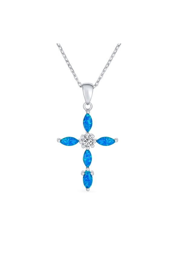 Womens Vintage CZ Gemstone Blue Opal Cross Pendant Necklace Silver