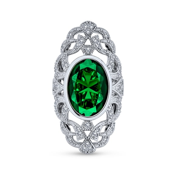 Bling Jewelry Womens Art Deco Style Cocktail Green CZ Statement Full Finger Ring Silver Plated