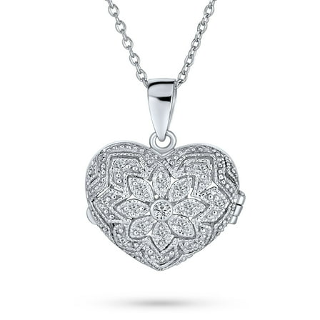 Bling Jewelry Womens Keepsake Vintage Style CZ Aromatherapy & Photo Flower Puff Heart Shape Locket Pendant Necklace Sterling Silver