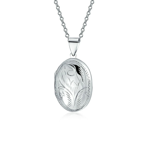 Bling Jewelry Womens Vintage Floral Leaf Oval Locket Necklace Pendant for Photos Silver Small