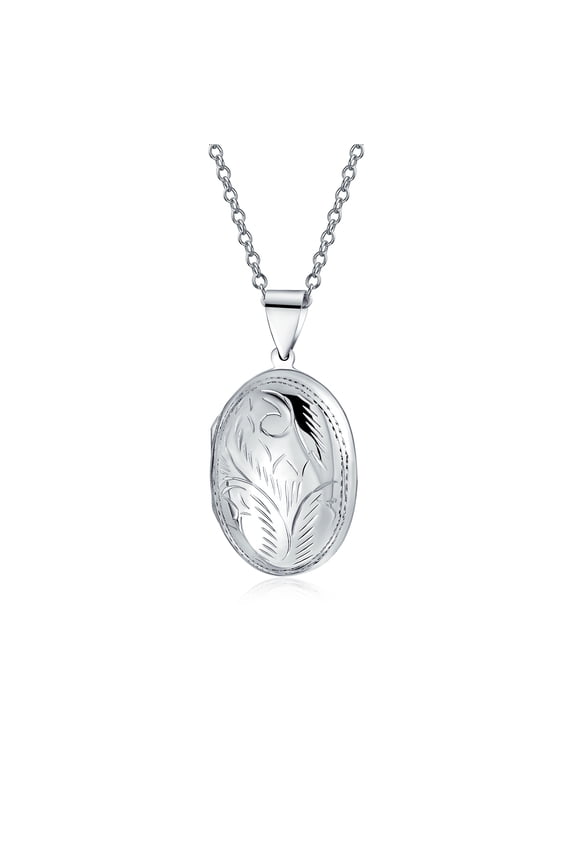 Womens Vintage Style Floral Design Small Oval Shape Photo Locket Necklace Pendant .925 Sterling Silver