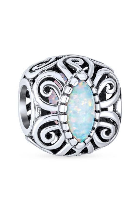 Womens Vintage Opal Scroll Milgrain Charm Bead in Sterling Silver for European Bracelet