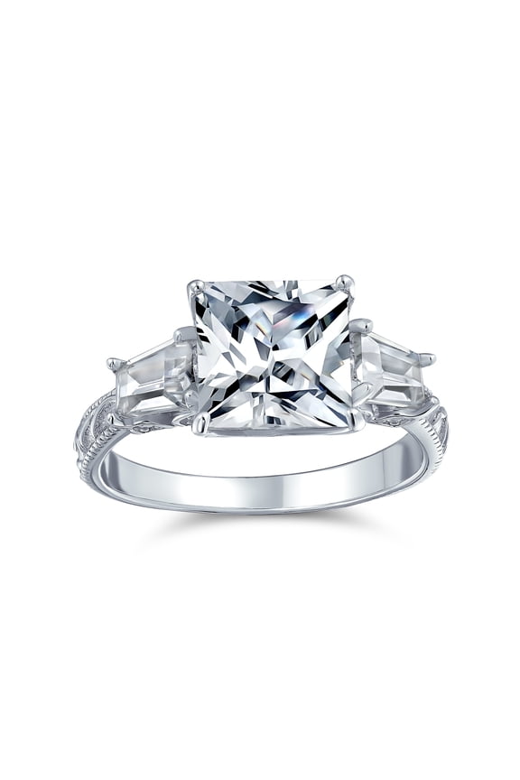 Womens Vintage Style 3CT CZ Princess Cut Engagement Ring Baguette Side Stones Silver