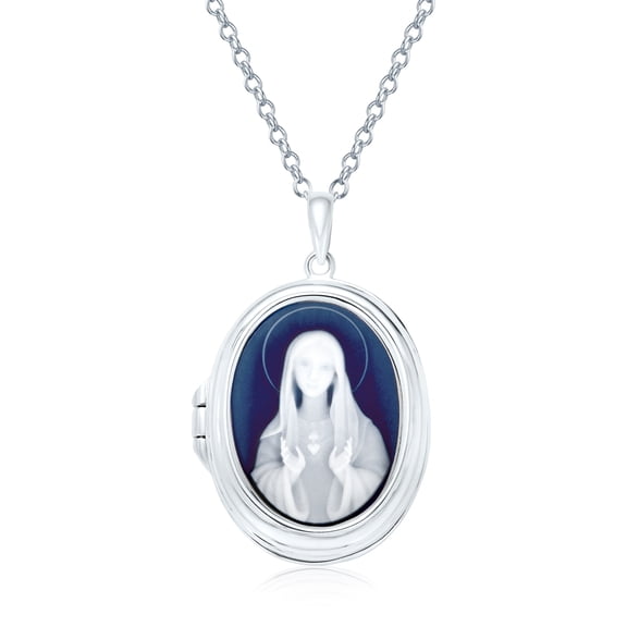 Bling Jewelry Womens Blue Virgin Mary Cameo Photo Locket Pendant Necklace .925 Sterling Silver
