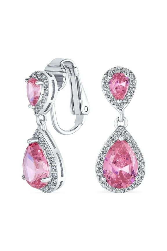 Womens Vintage Style Bridal CZ Halo Dangle Clip-On Earrings SilverRose Gold Plated