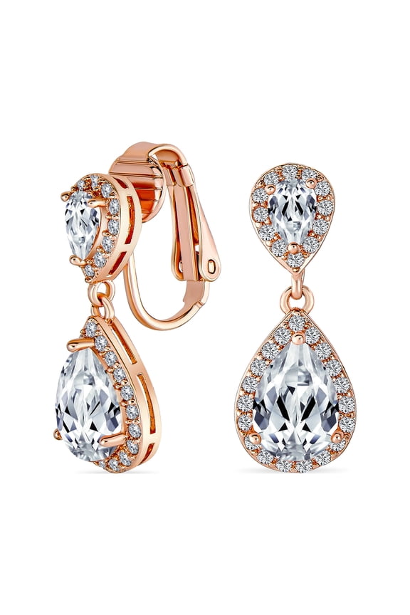 Womens Vintage Style Bridal CZ Halo Dangle Clip-On Earrings SilverRose Gold Plated