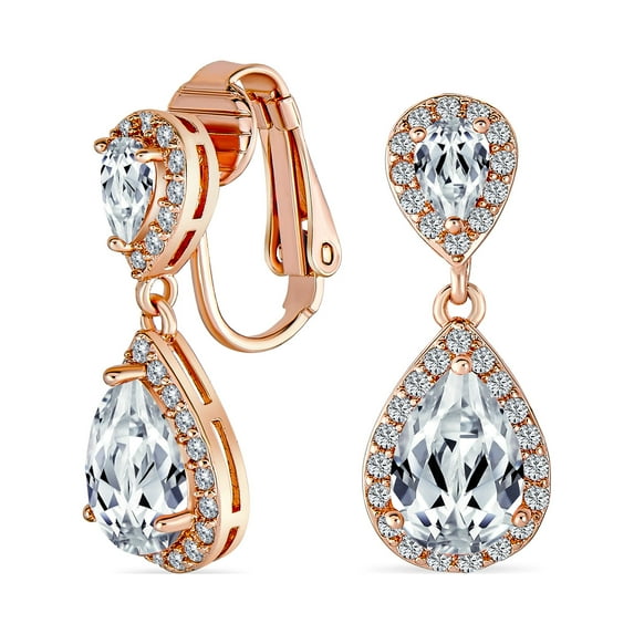Bling Jewelry Womens Vintage Style Bridal CZ Halo Dangle Clip-On Earrings SilverRose Gold Plated