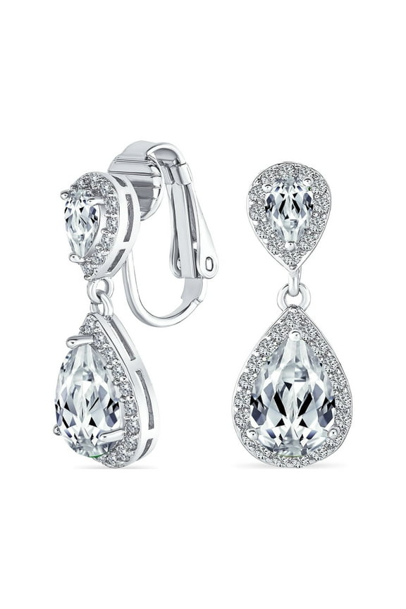 Womens Vintage Style Bridal CZ Halo Dangle Clip-On Earrings SilverRose Gold Plated