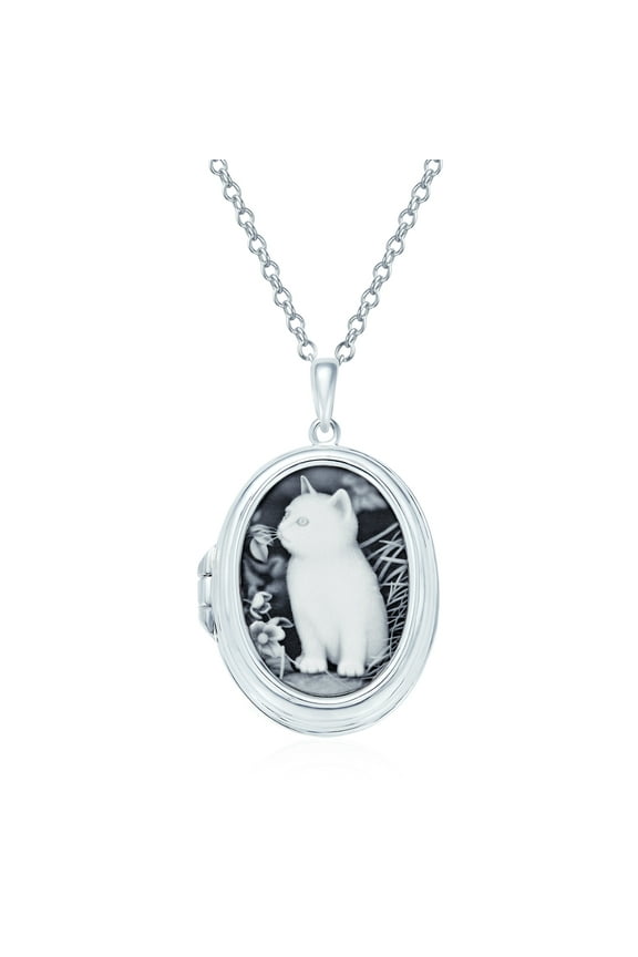 Womens Vintage Style Cat Cameo Locket Necklace with Black Onyx Sterling Silver