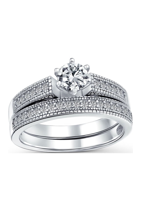 Womens Vintage Style Cocktail Statement Ring: 1.5CT Round Solitaire CZ Pave Band Set
