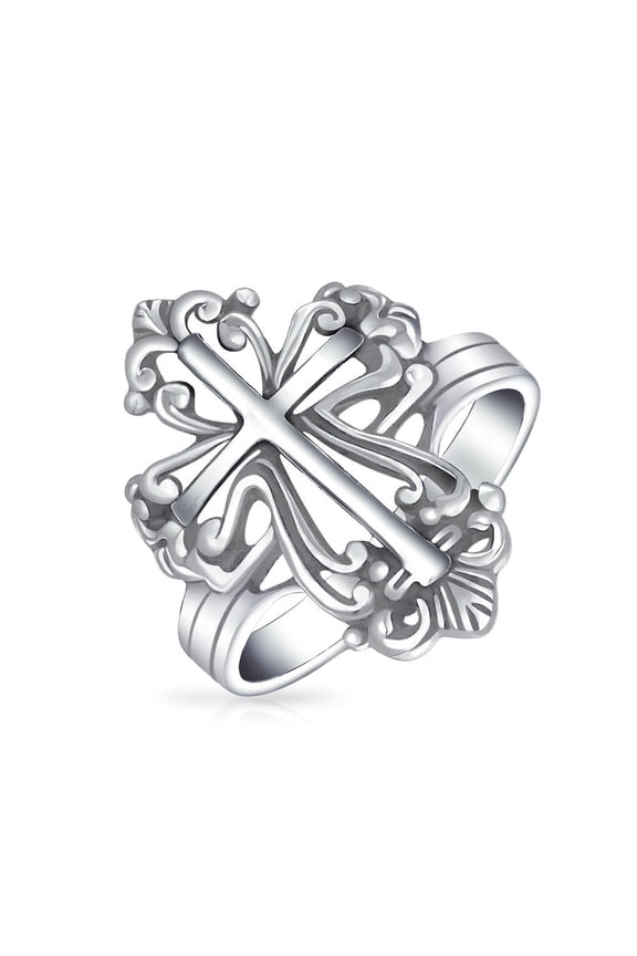 Womens Religious Vintage Style Fleur De Lis Cross Ring Oxidized .925 Sterling Silver