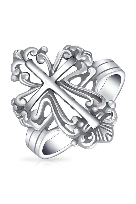 Womens Religious Vintage Style Fleur De Lis Cross Ring Oxidized .925 Sterling Silver