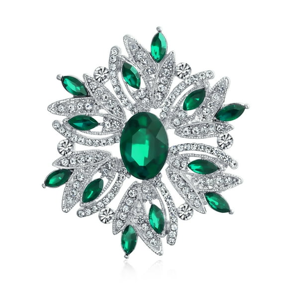 Bling Jewelry Womens Large Statement Art Deco Style Emerald Green Crystal Flower Brooch  Pin Silver Plated