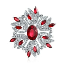 Bling Jewelry Womens Large Statement Art Deco Style Ruby Red Crystal Flower Brooch  Pin Silver Plated