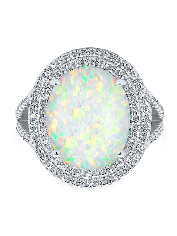 Womens Vintage 15CT Created Opal Oval Statement Ring Sterling Silver Split Shank