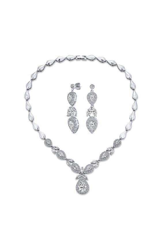 Womens Vintage Marquise Leaf Starburst Necklace Earrings Set Silver